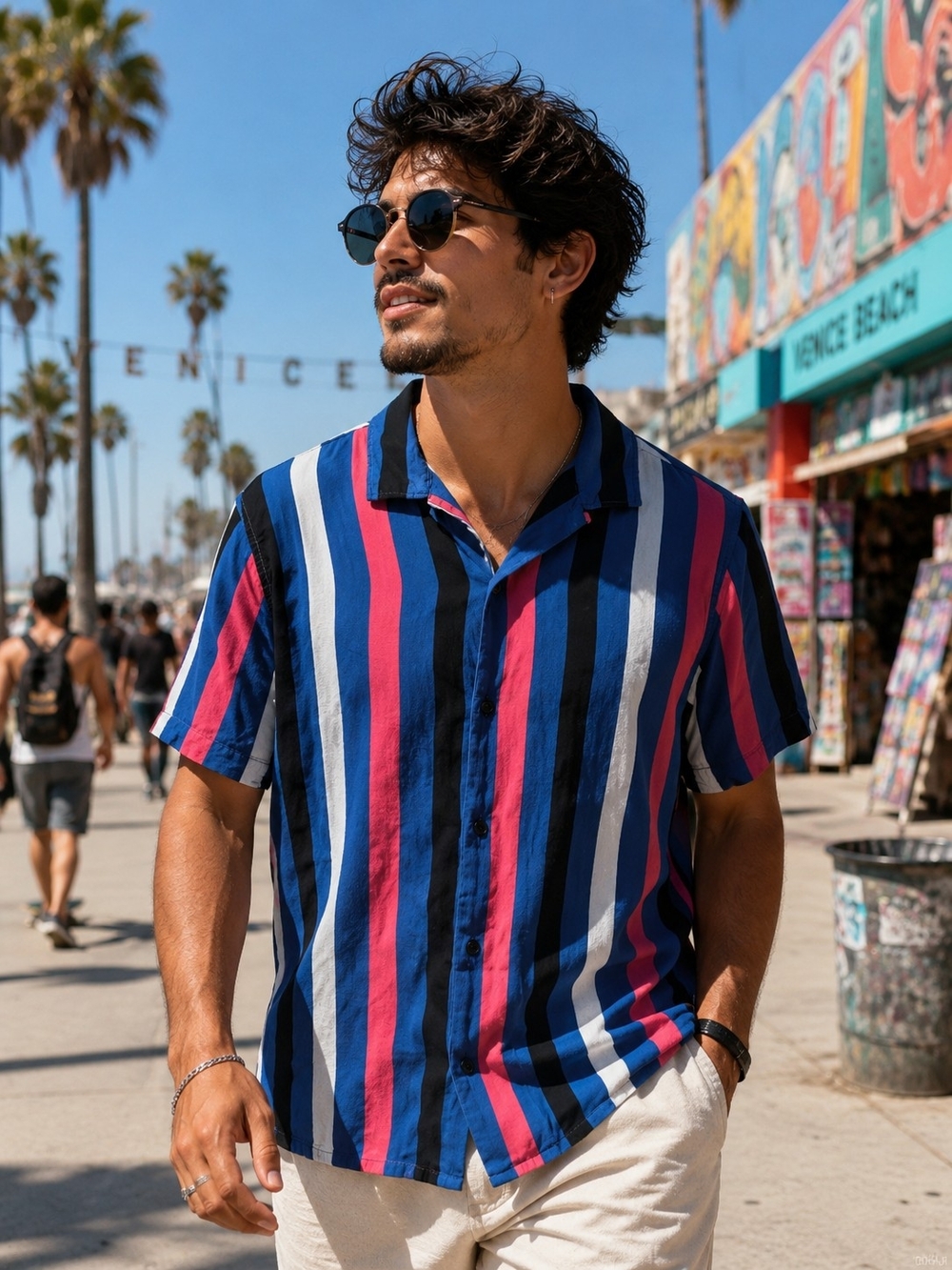 Men’s Medium Retro Striped Camp Collar Shirt Blue Pink Black Button Up